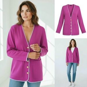 ANN TAYLOR Knit Blazer Contrast Trim Gold Buttons Patch Pockets Tipped V- Neck